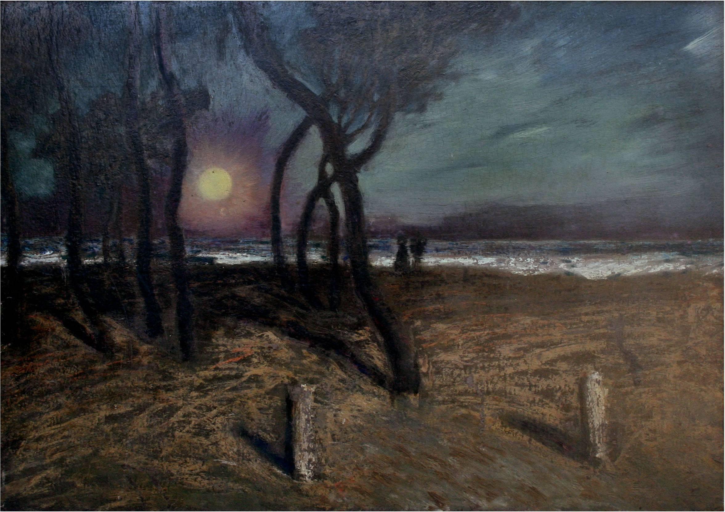 Pacific Grove Moonlight, Mid Century Nocturnal Coastal Landscape - Painting by Ferdinand Burgdorff