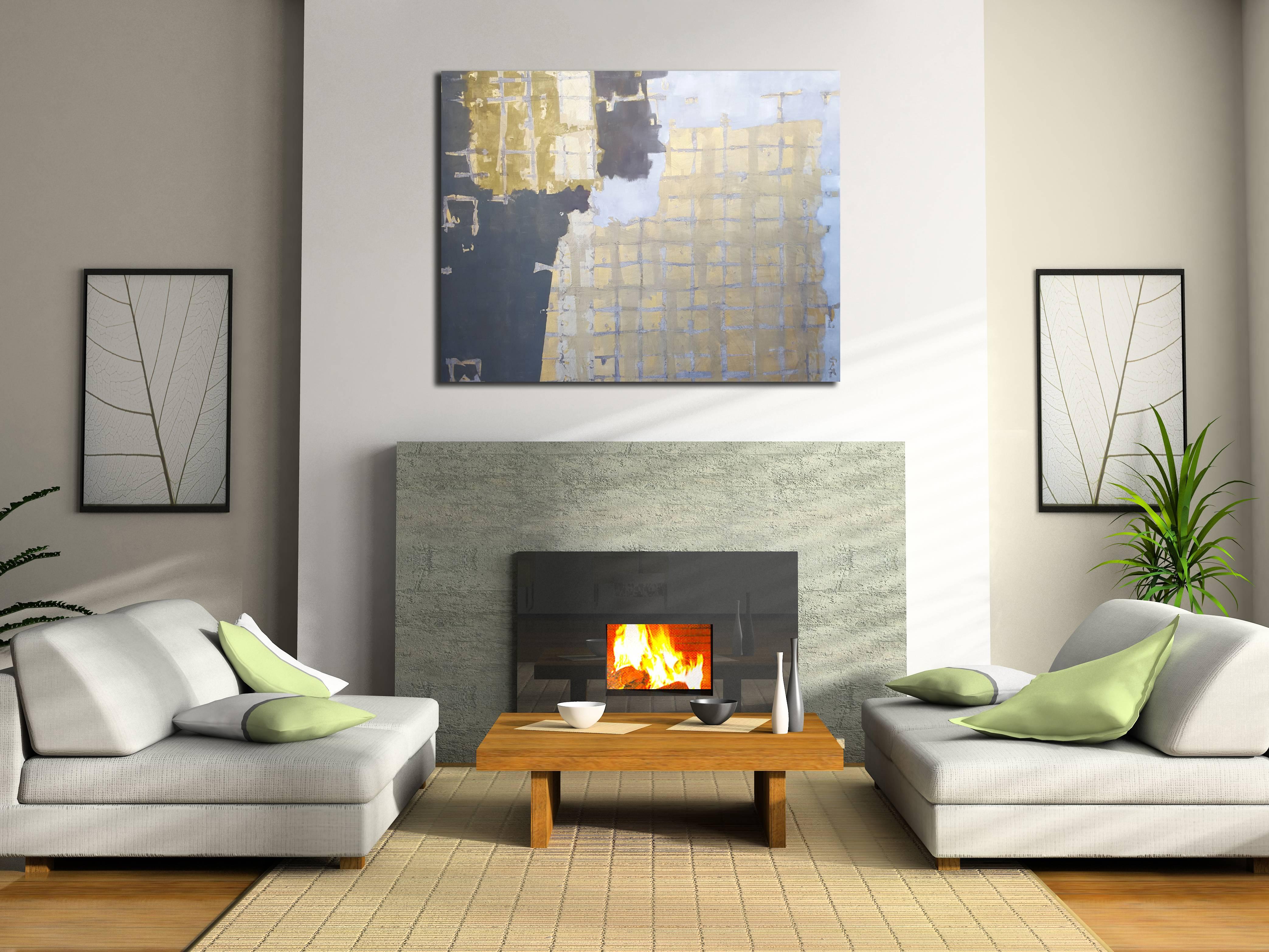 This abstract oil painting was inspired by ancient maps and frescoes. The warm, metallic gold paint balances the cooler blues and deep, charcoal grey. The process to create this painting involved layering up paint and scraping it back, symbolic of