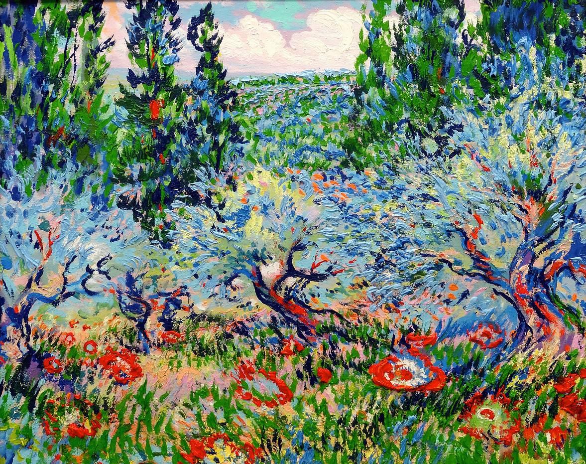 Dmitri Wright Landscape Painting - Blue Olives and Red Poppies
