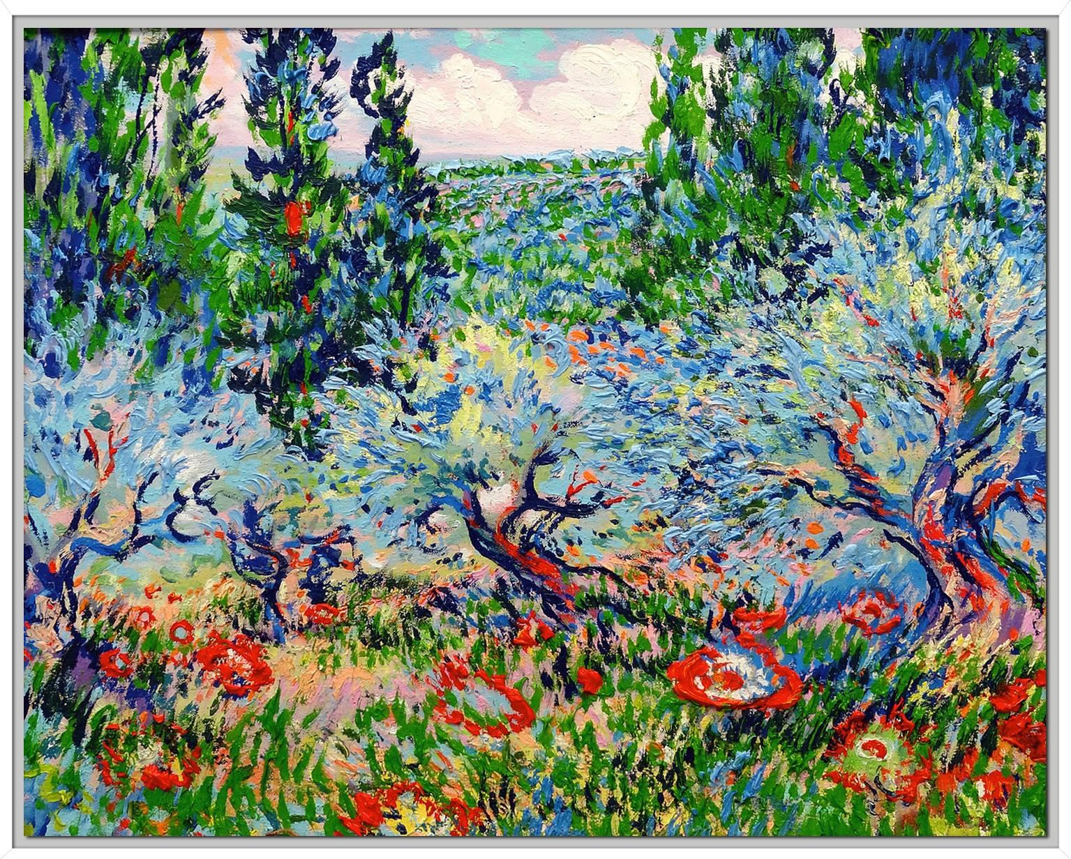 Blue Olives and Red Poppies - Painting by Dmitri Wright