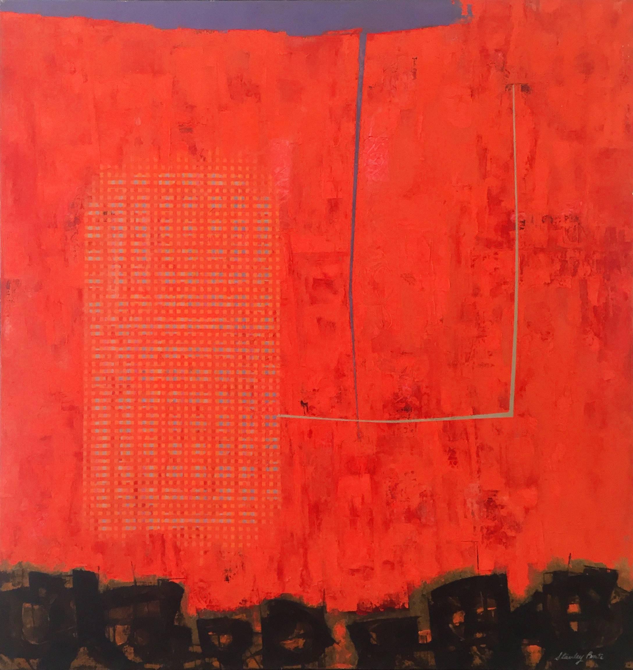 This original Modern abstract painting by Stanley Bate is made with oil paint on canvas, and was painted circa 1960. It features a bold, vibrant red hue, with dark shapes lining the bottom of the composition, as well as abstracted lines and dotted