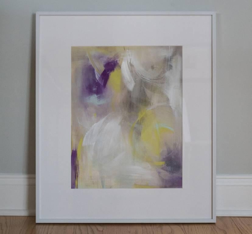 This abstract painting on board is made with acrylic paint, gouache, and pencil. The artist uses bright, complementary colors to create this contemporary piece, with purple and yellow that swirl together with white brush strokes and thin pencil