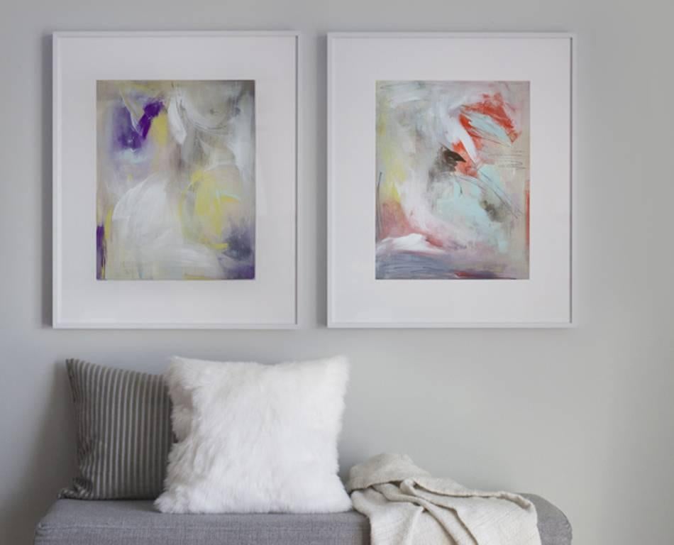 This abstract painting on board is made with acrylic paint, gouache, and pencil. The artist uses bright, complementary colors to create this contemporary piece, with purple and yellow that swirl together with white brush strokes and thin pencil