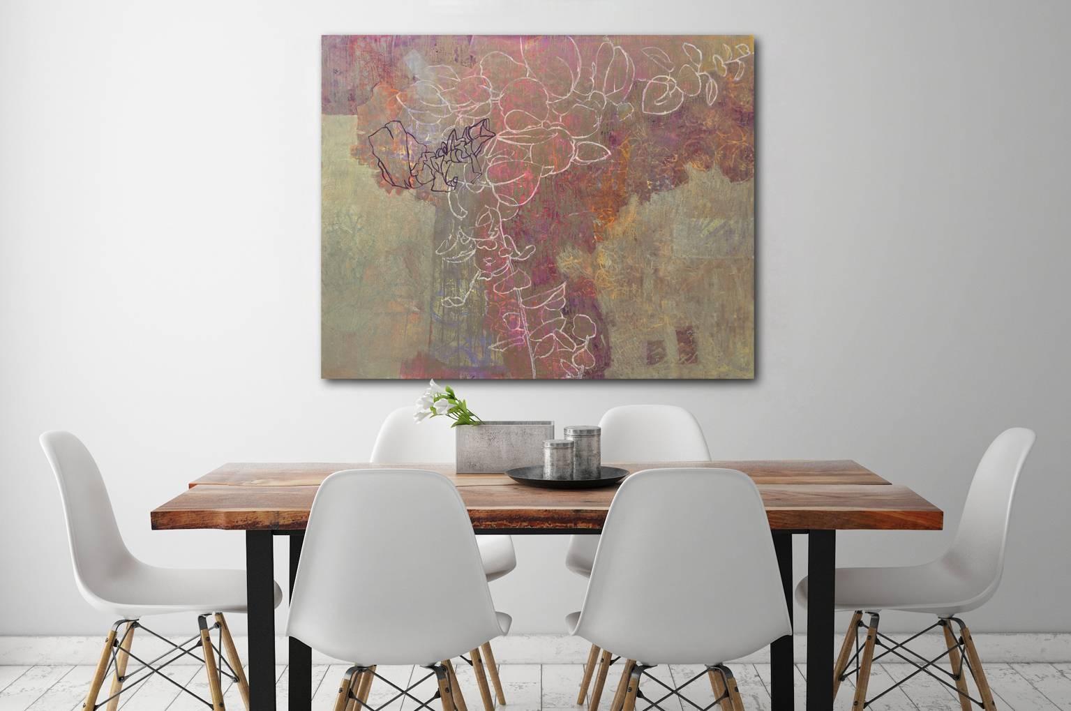 This large abstract painting by Christine Averill-Green is made with oil and gouache on canvas. Warm red, orange and gold come together and create a beautifully textured piece with organic, abstracted botanicals and petals overtop. Inspired by