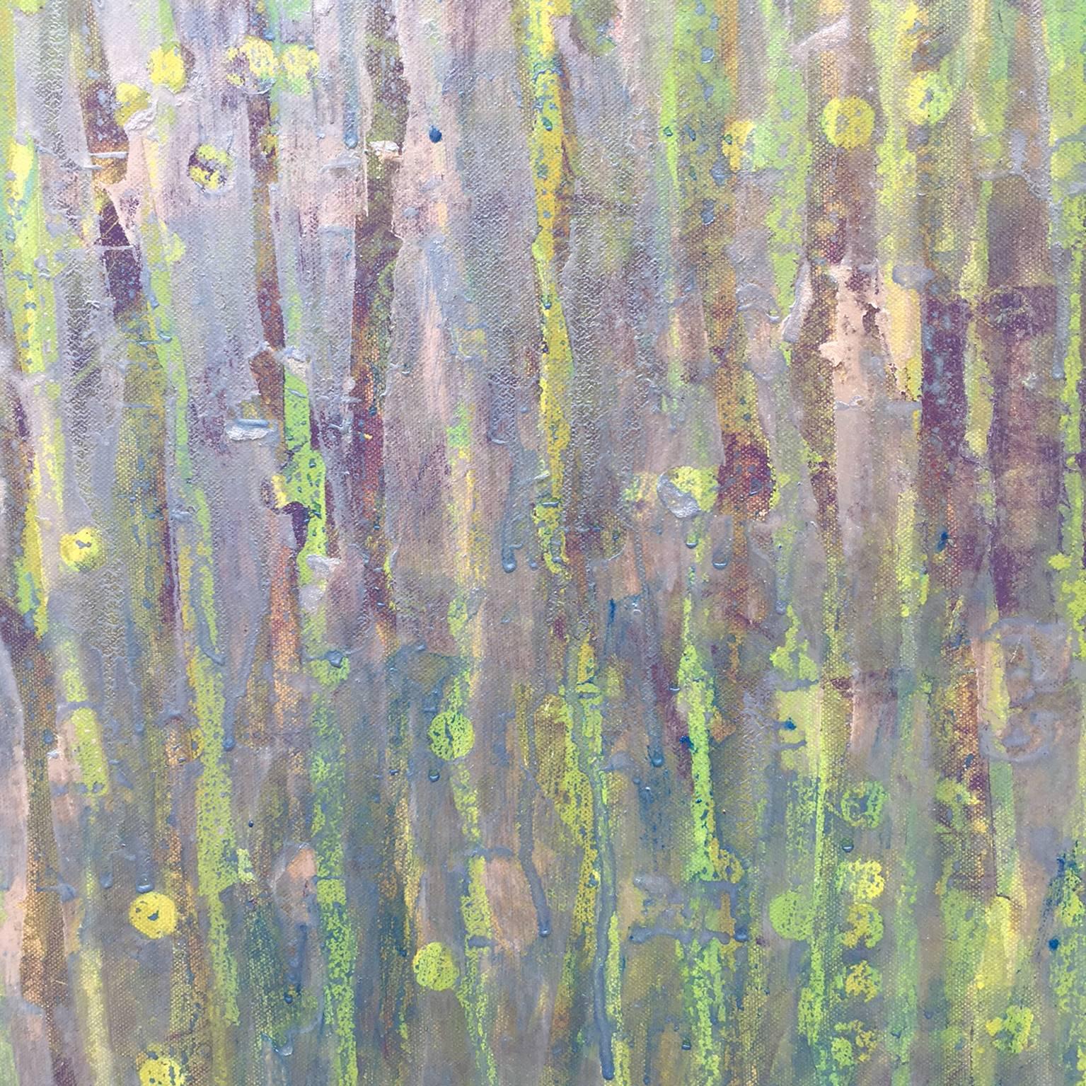 This abstract painting by Christine Averill-Green is a beautiful combination of layers of green, blue, and purple. The long, organic stripes that make up this contemporary piece are reminiscent of vines, and the metallic paint used in the piece
