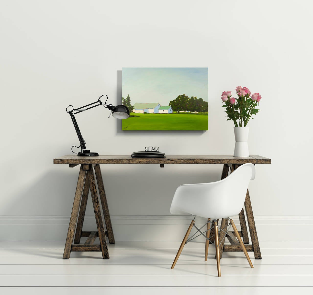 A getaway - tucked amist, green fields, blue skies, and open air. An elegant barn, housing memories for evermore. 

Carol C. Young is landscape painter working in acrylics and oils. She is a plein air painter as well as a studio artist whose work
