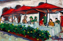 'Cocktails in Town', Bold Graphic Contemporary Parisian Cafe Oil Painting