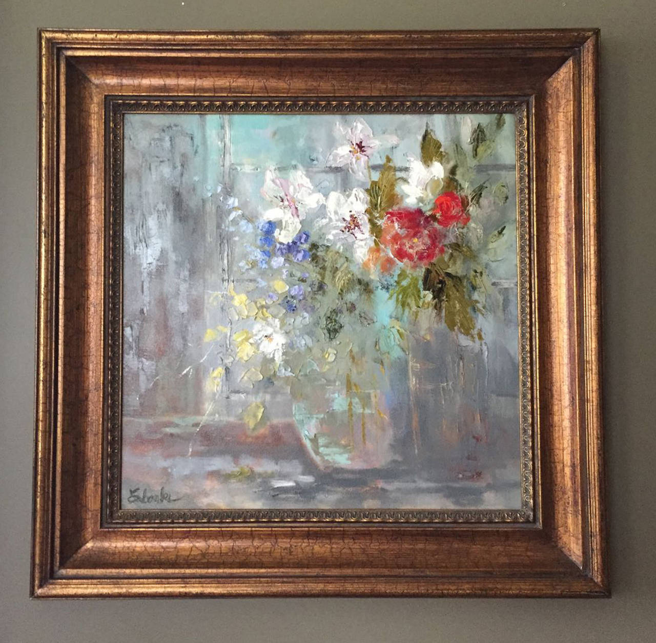 A beautiful flower painting that is a mix of both realism and abstract with  white, red and blue blooms.

About Lori Eubanks
Lori Eubanks is inspired by the French impressionists, but dedicated to her own unique approach to form. She combines