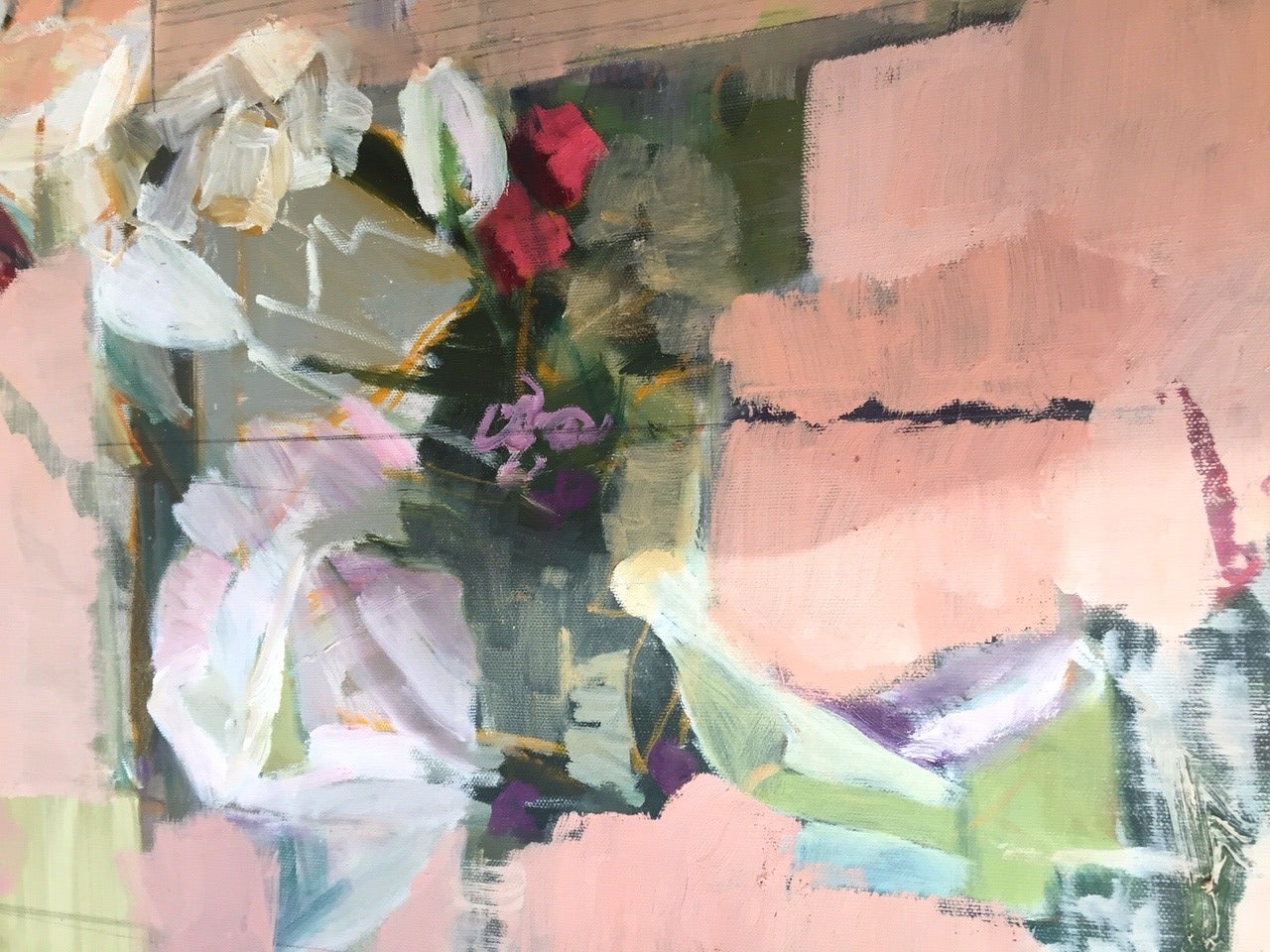 Half abstract half realistic garden, with green and red flowers peeking through peach color wall. 

Christine Averill-Green is a resident of the Capital District and has been exhibiting her artwork in galleries and museums in Upstate New York for