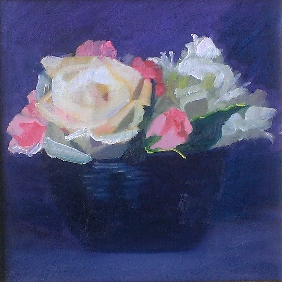 Christine Averill-Green Still-Life Painting - Blue Bowl with Roses