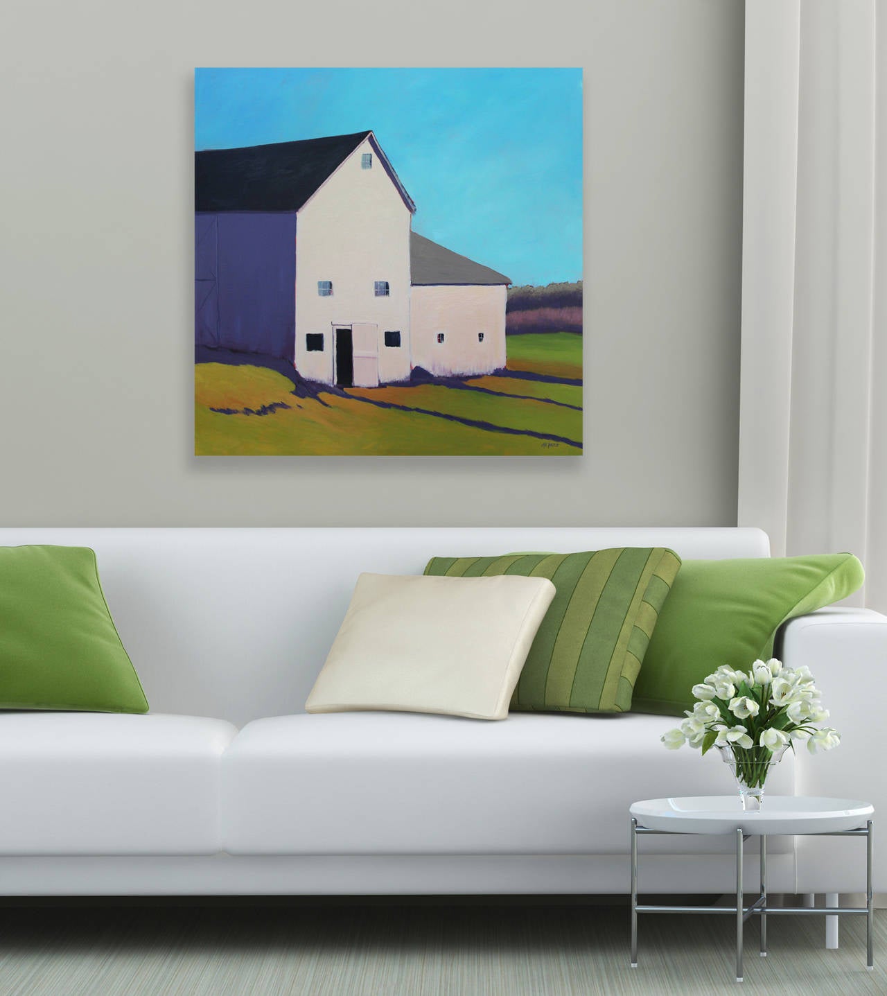 Eye-catching summer composition - cream white barn in a lush green field hiding in purple shadows beneath a bright blue sky.

Carol C. Young is landscape painter working in acrylics and oils. She is a plein air painter as well as a studio artist