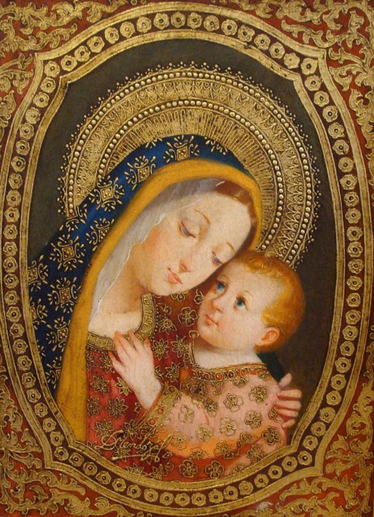 Diana Mendoza Figurative Painting - Madonna with Baby in Coral Robe