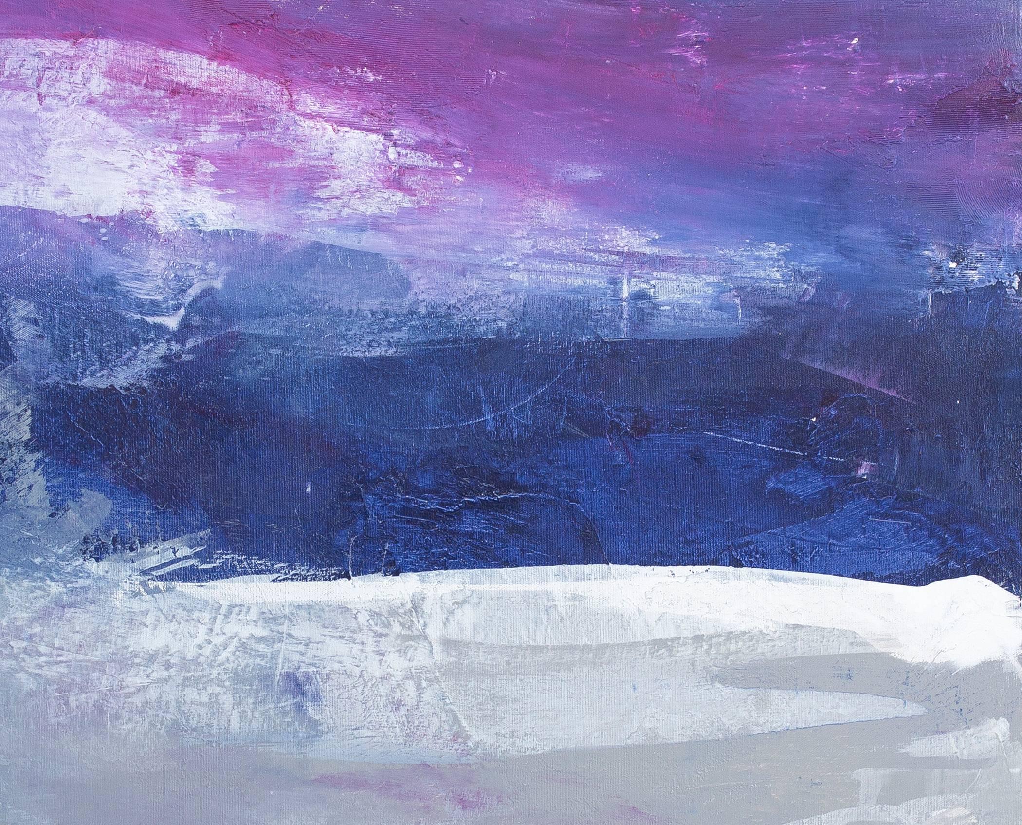 This abstract painting by Julia Contacessi pairs a vibrant hue of purple with deep blue, silver grey and white. Large strokes of paint are layered in each color over top of one another to create texture. Of this painting, the artist says, 