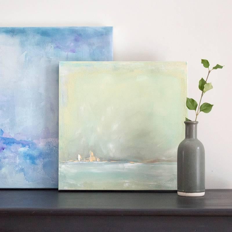 This abstract work reminisce of sail boats far beyond in a sea. Light tones and variety of cool blues, sage greens, whites combine the sky and sea into one. 

Contemporary abstract artist Julia Contacessi explains her process as a combination of