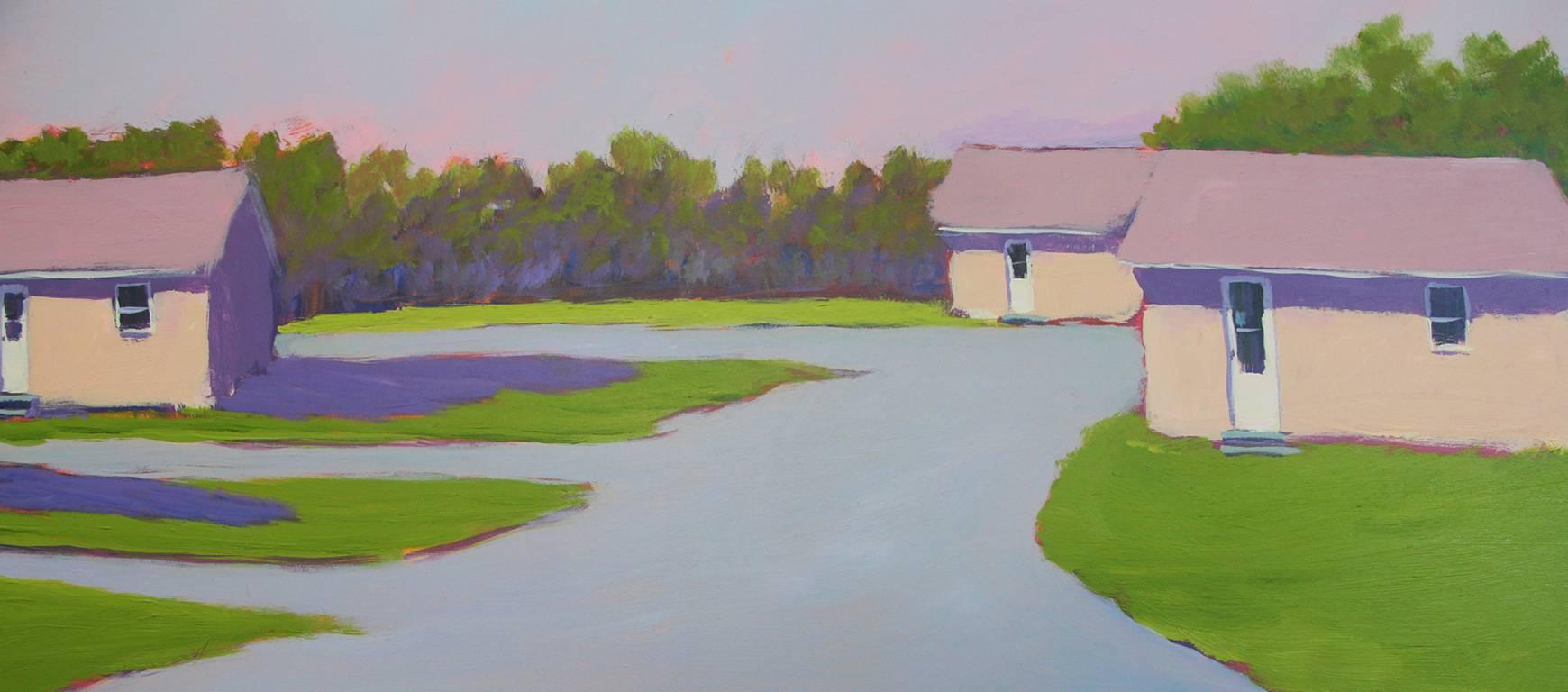 This contemporary landscape painting by Carol Young features a cool, vibrant painting and a horizontal format. It depicts small cottages with light, warm purple roof tops under a pink sky, and surrounded by green foliage and grass. The small houses