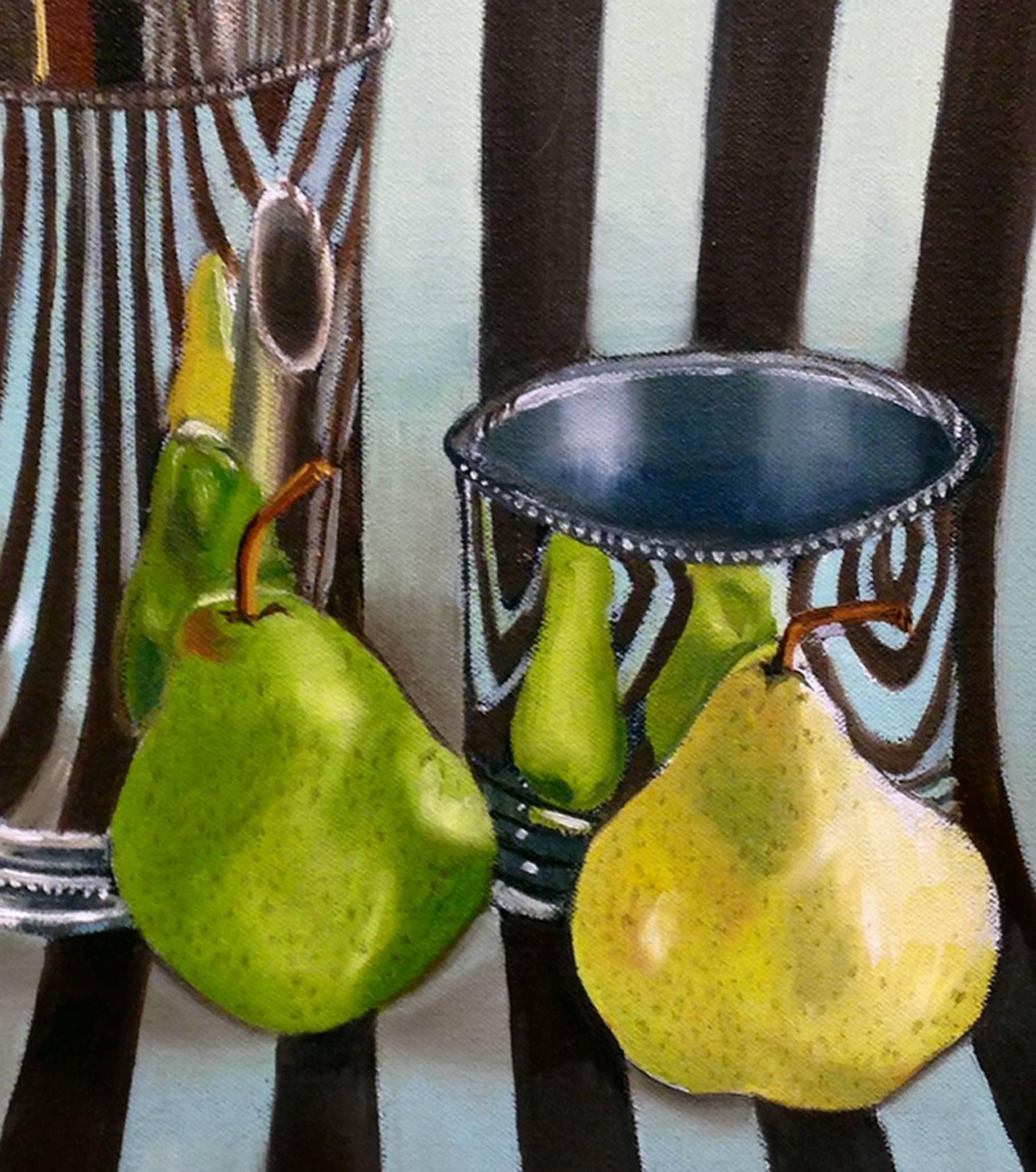Pear with Blue-Green Reflection - Painting by Kathi Blinn