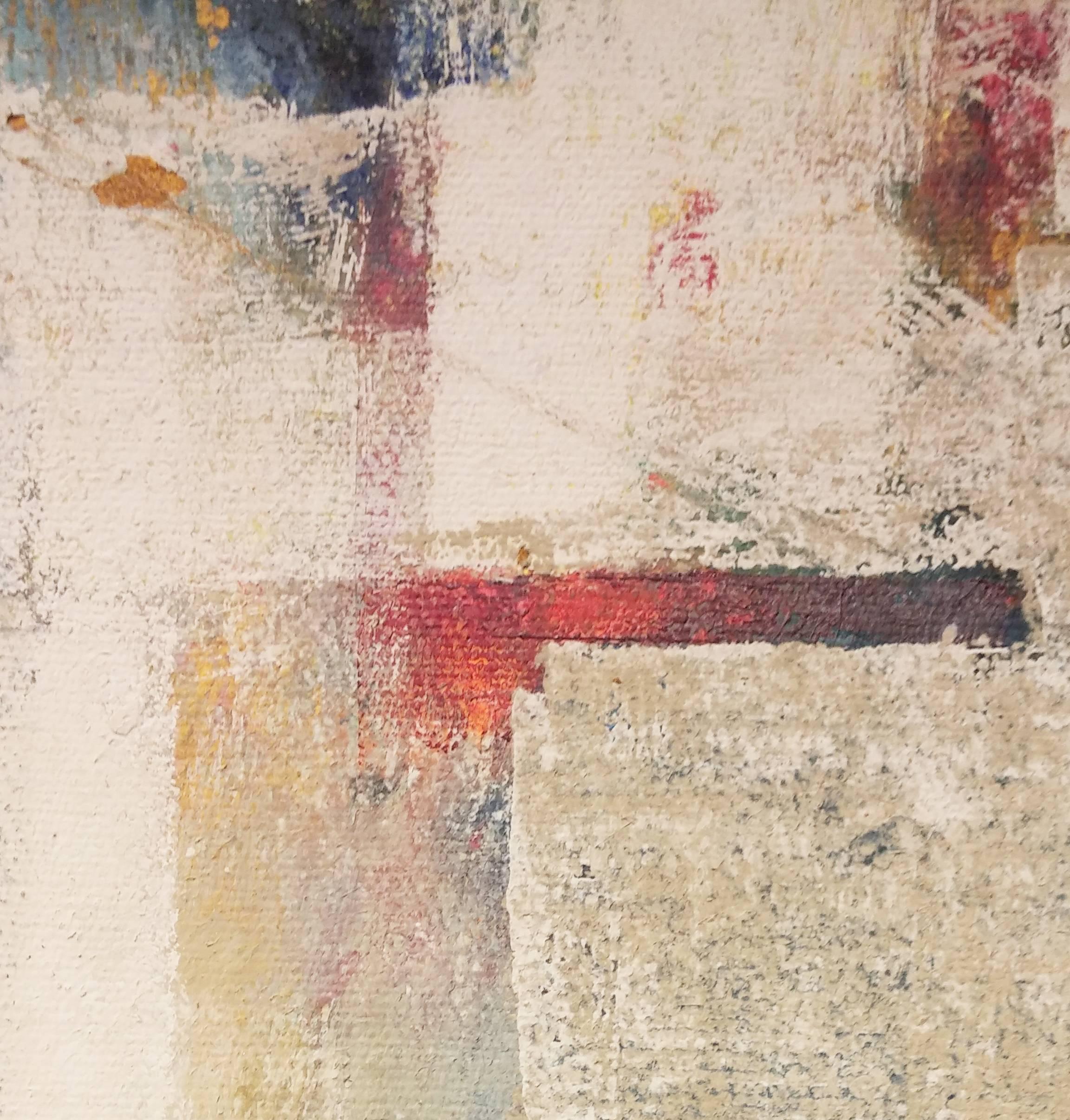 This untitled artwork by Stanley Bate was created circa 1960. It is a Modern abstract oil painting on canvas, featuring an earthy palette of sandy brown and umber, light blue, muted green, and a few pops of deep red. The piece is at once geometric