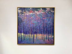 "Purple Woods", dipinto paesaggistico astratto, olio su tela, incorniciato