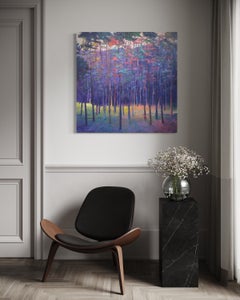 "Purple Woods", dipinto paesaggistico astratto, olio su tela, incorniciato