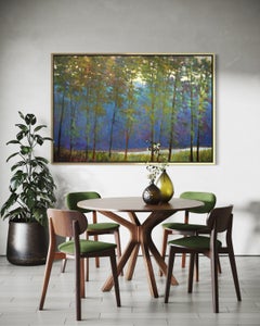 "Green Canopy", dipinto paesaggistico astratto, olio su tela, incorniciato