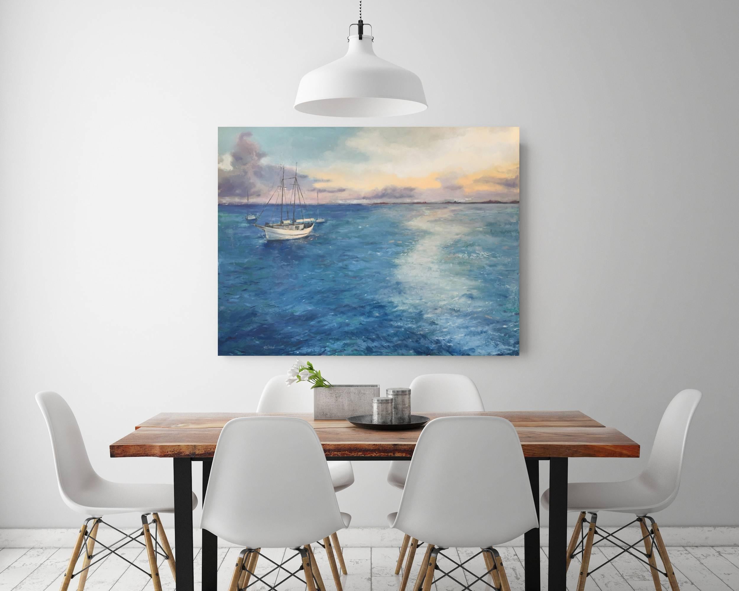 Caribbean, blue, water, orange, white, lavender, clouds, sky, waves, ocean, sea, nautical, boat, distance, vacation, beach house, summer, light, impressionist, romantic, calming, exhale, relaxing.

Miranda Girard is an exhibiting and commissioned