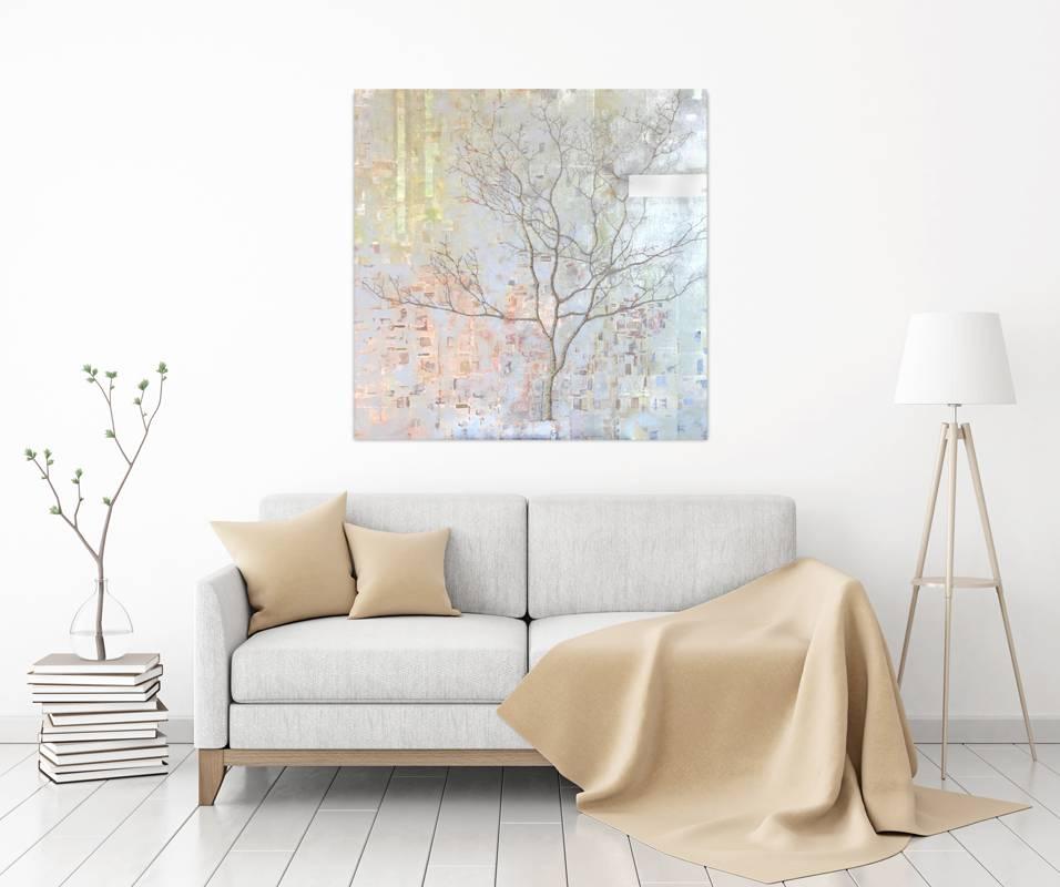 18 karat gold leaf laid onto wood panel with hand-ground oil paint. 

Abstract, photorealistic, grid, fractals, monochromatic, beige, tree, nature, silver, green, yellow, coral, birch, winter, soft, birchwood, contemporary, abstracted, realistic,