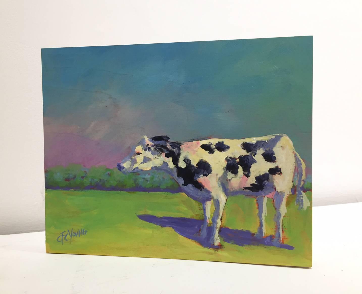 small, colorful, transitional, contemporary, interior design, interior decor, Dairy cow, spots, farm, barn, farmhouse, barnyard, Spring, Summer, pink, purple, blue, sunshine, green, grass, pasture.

Carol C. Young is landscape painter working in