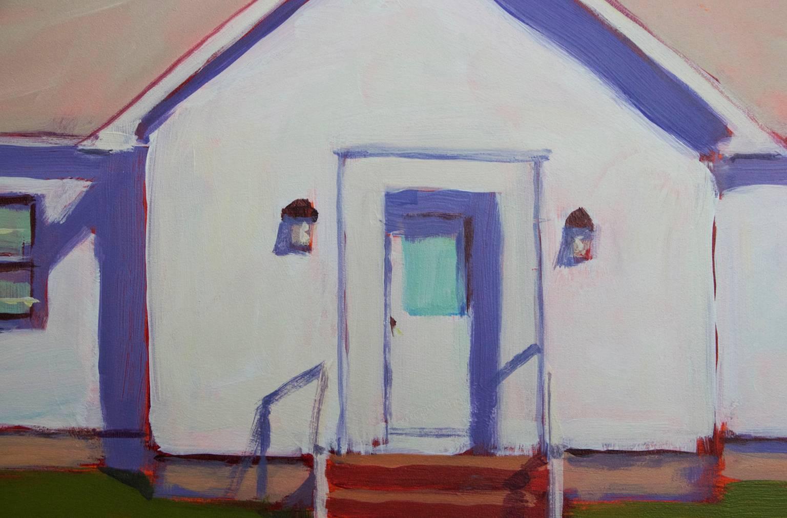 This mid-sized contemporary landscape painting by Carol Young features a small white house with a warm-toned roof with red underpainting. The roof casts a cool violet shadow over the white structure, which almost glows surrounded by the green grass,