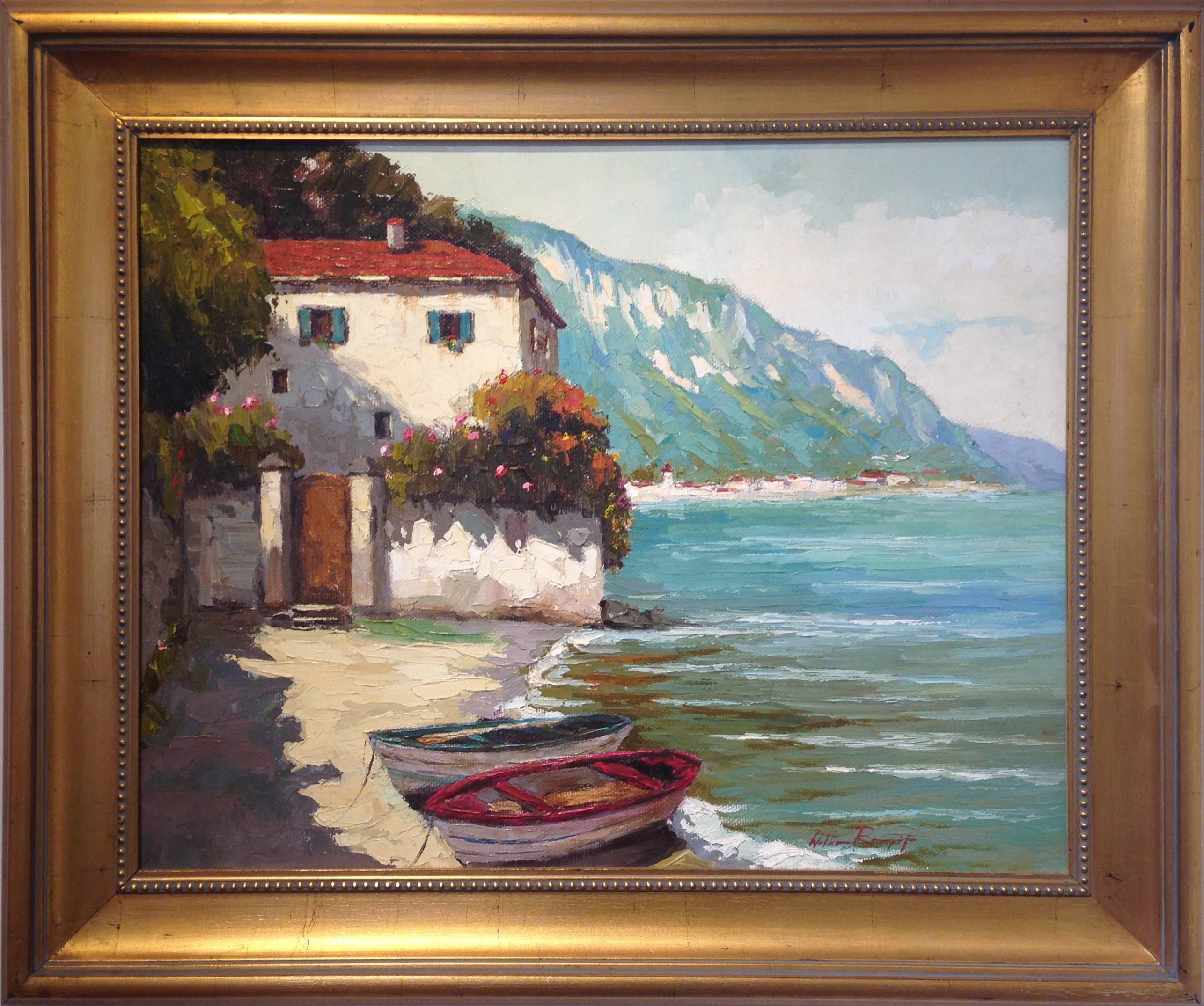 William Rengifo Landscape Painting - Villa and Boats at Tuscan Shore