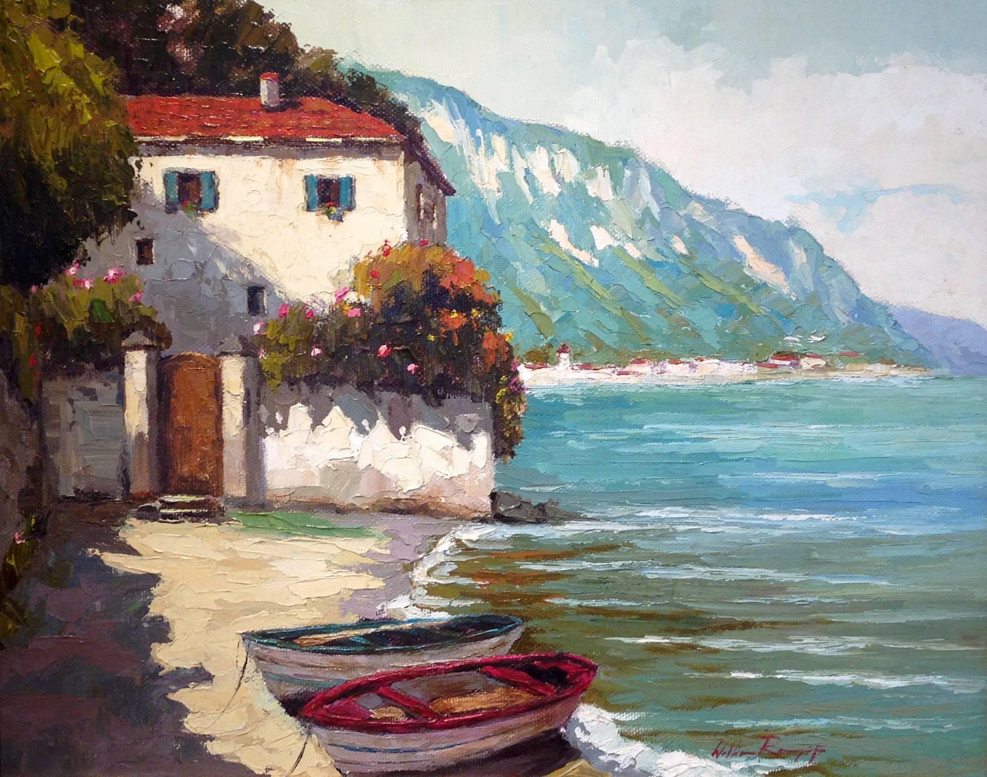 Villa and Boats at Tuscan Shore - Painting by William Rengifo