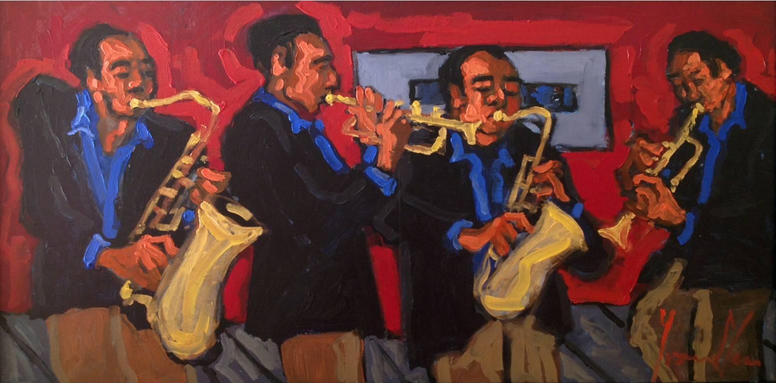 Yvonne Mora Figurative Painting - 'Jazz Quartet', Bold Graphic Contemporary Jazz Band Oil Painting