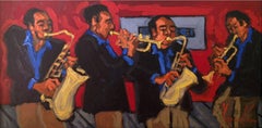 „Jazz Quartet“:: kühnes grafisches zeitgenössisches Jazzband-Ölgemälde