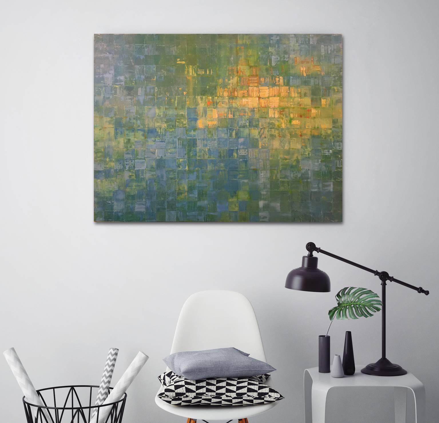 Reclaimed aluminum printing plate, green, yellow, blue, peach, orange, statement, calm, water, grid, geometric, modern. Artistic influence: Gustav Klimt.

As a Mid-town Manhattan Artist, Ned Martin paints what he sees everyday in hectic city life