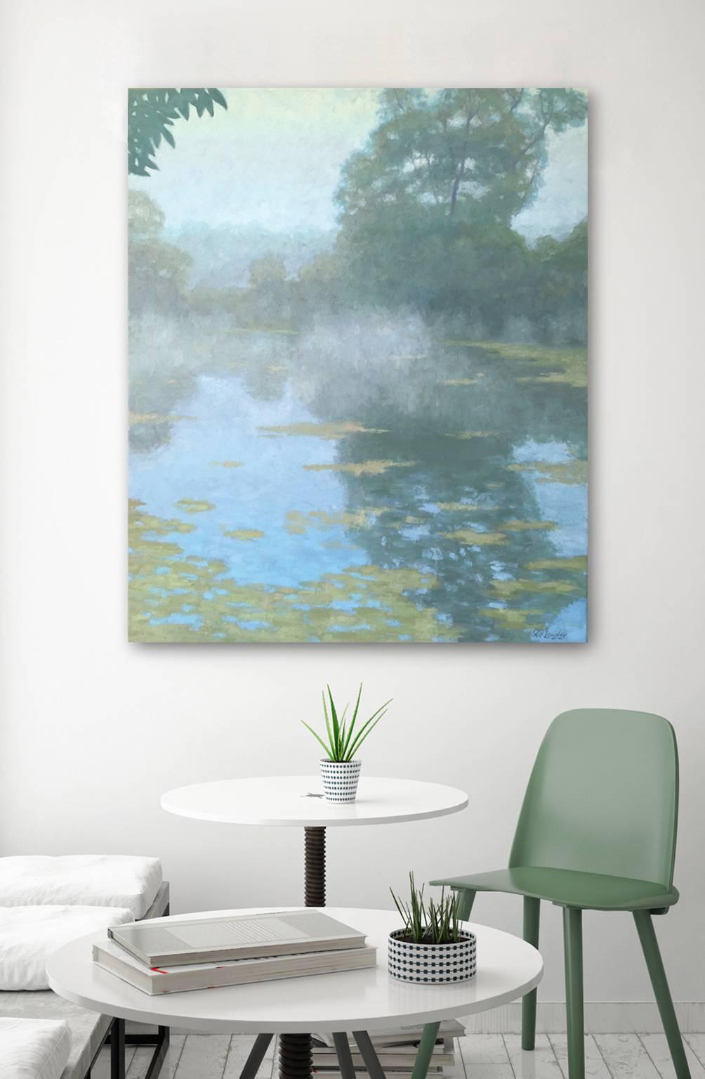 Nature, river, water, forest, trees, mist, fog, monochromic colors blue and green. Akin to Claude Monet water lilies.

Rob Longley's training as an artist began when he first studied painting with Dick Goetz at the Malden Bridge School of Art in
