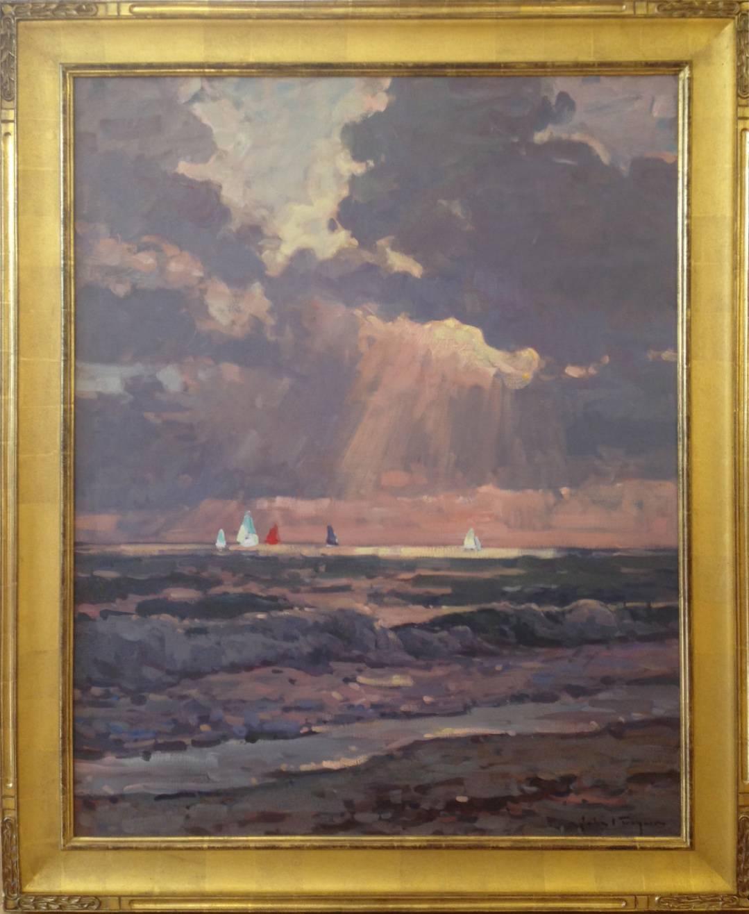 Seascape, ocean, water, waves, sail boats, clouds, sun, white, red, blue

John C. Traynor's painting style is reminiscent of some 19th century painters and sometimes the Dutch Masters. He uses his knowledge of light and color to create a certain
