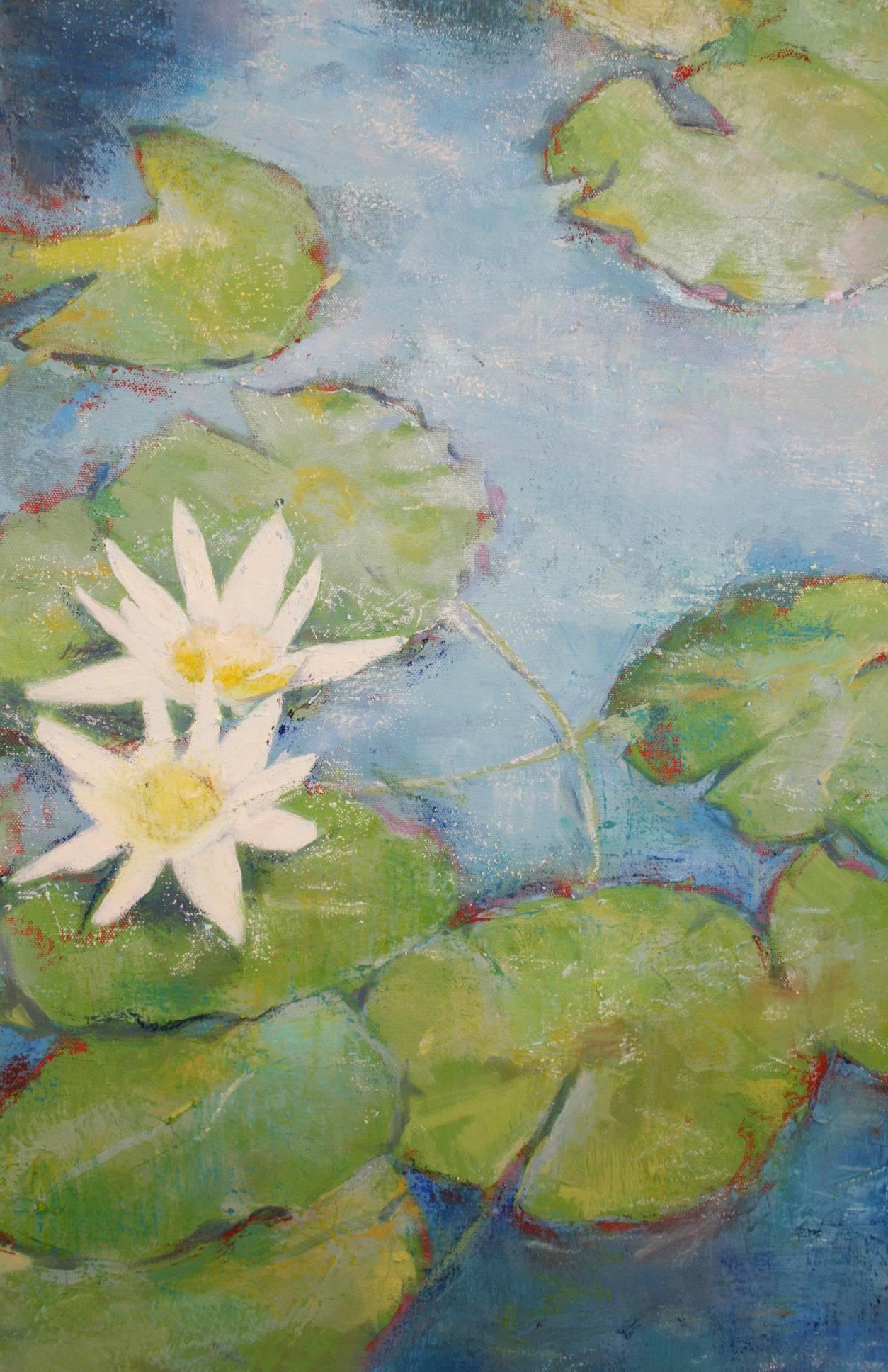 Lily pads, 3, ice blue, Impressionist, impressionism, turquoise, green, flower, water lily, water lilies, Monet, nature, calm, relaxing, tranquil, triptych, classic, transitional, romantic, soft, delicate.

Miranda Girard is an exhibiting and