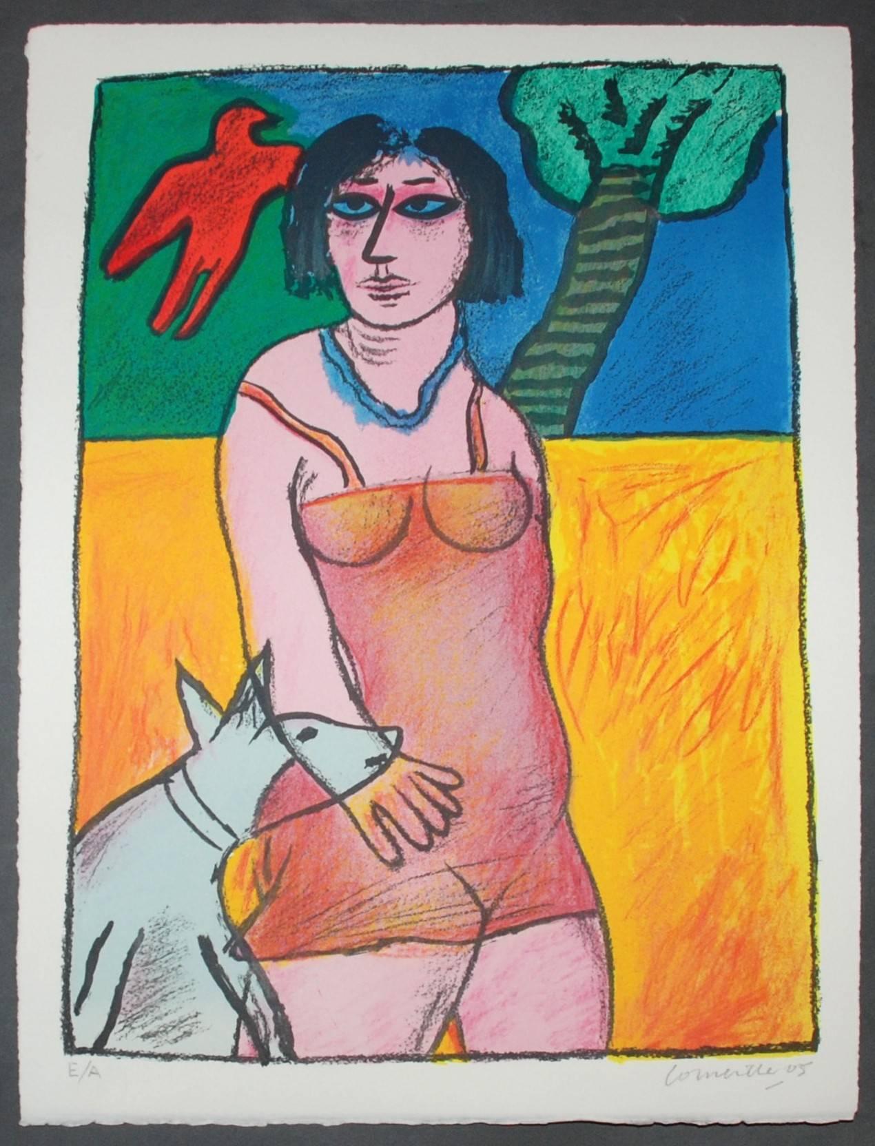 L'oiseau rouge et le chien - Orange Figurative Print by Corneille