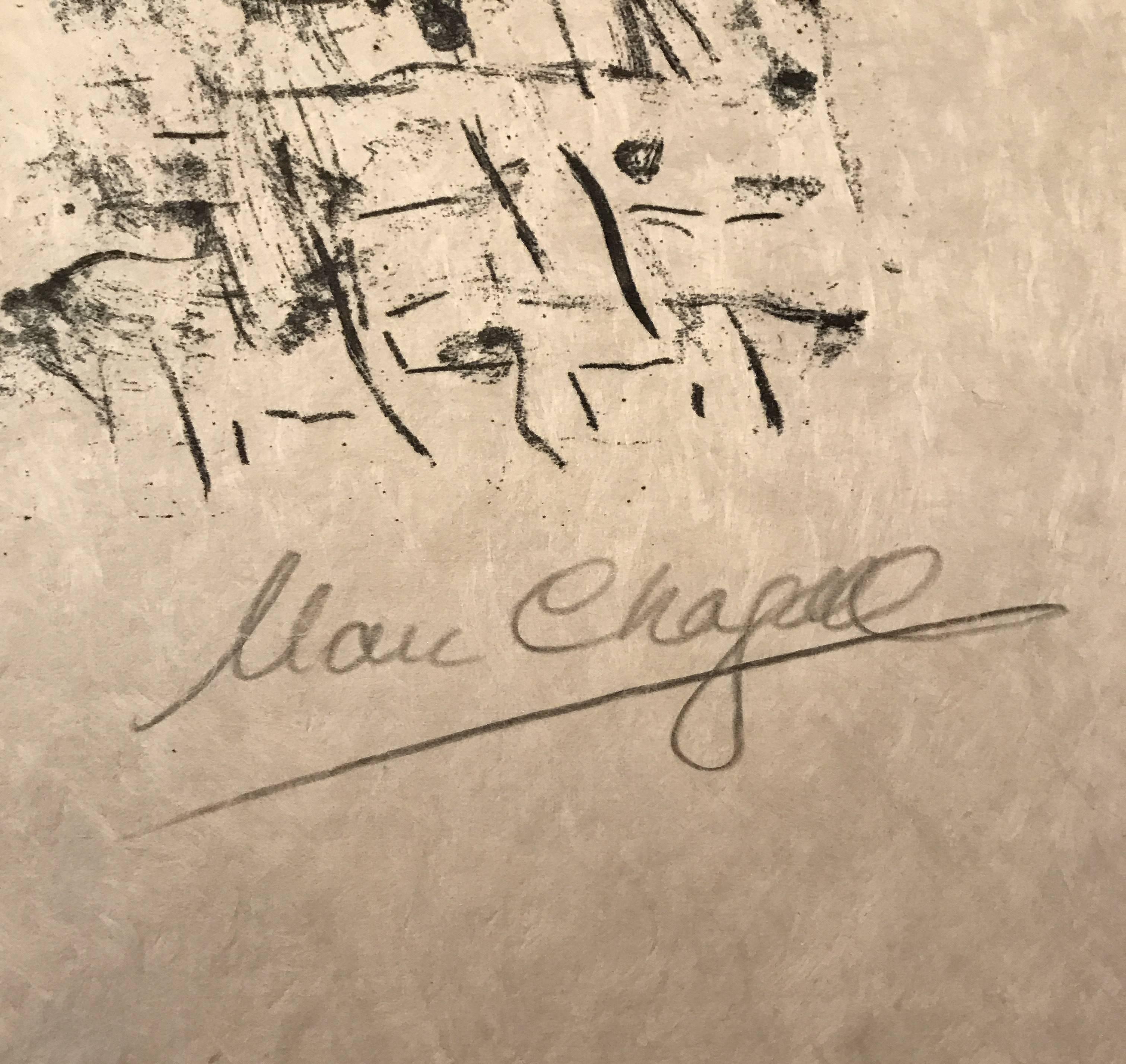 Artist: Marc Chagall
Medium: Original lithograph on Japan nacreous paper
Title: David and Bathsheba
Year: 1979
Edition: 46/50
Framed Size: 26 1/2 x 28 1/2 inches
Sheet Size: 23 1/4 x 17 inches
Reference: Mourlot 936
Signed: Hand signed in pencil