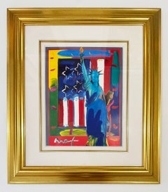 Peter Max Unique Mixed Medi, 1990, Signed, Patriotic: Full Liberty with Flag