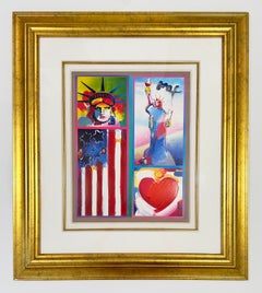 Peter Max Unique Mixed Medi, 1990, Signed, Patriotic: Two Liberties, Flag, Heart