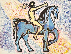 Lithographie en couleurs de Salvador Dalí, signée, 1976, « Chevalier sur un cheval bleu »