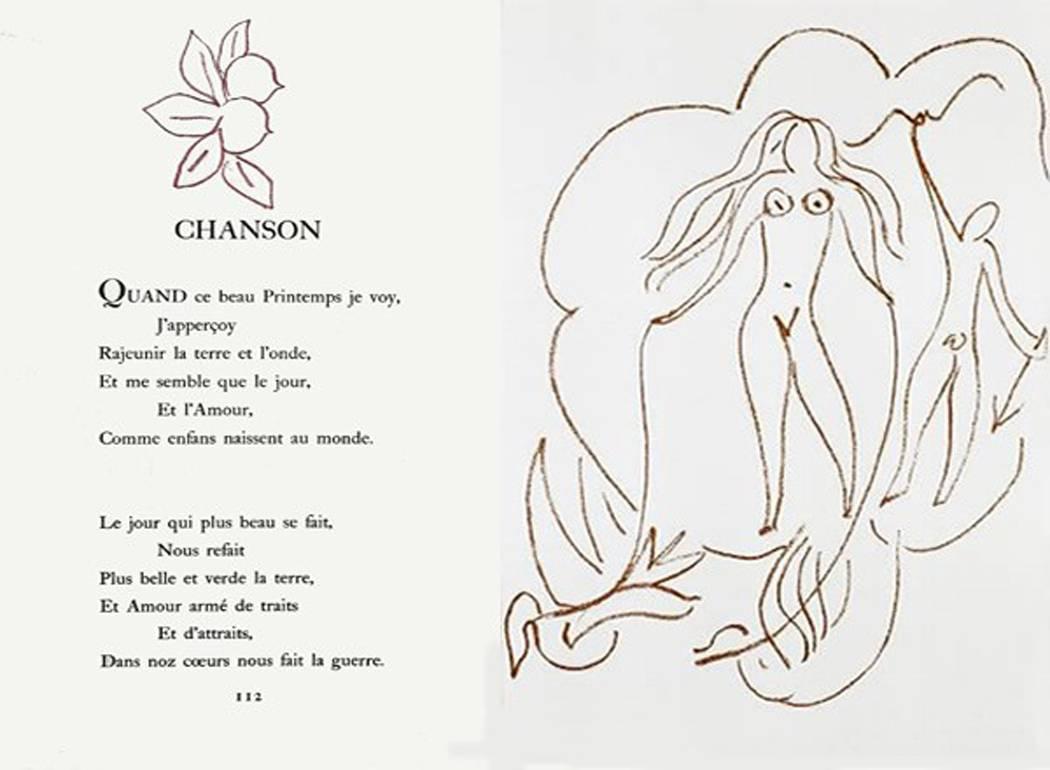 Artist: Henri Matisse
Medium: Original lithograph
Title: Florilege des Amours, Plate XL
Portfolio: Florilege des Amours de Ronsard
Year: 1948
Edition: 170/250
Framed Size: 26 1/2 x 22 inches
Sheet Size: 22 x 13 inches
Reference: Duthuit 25