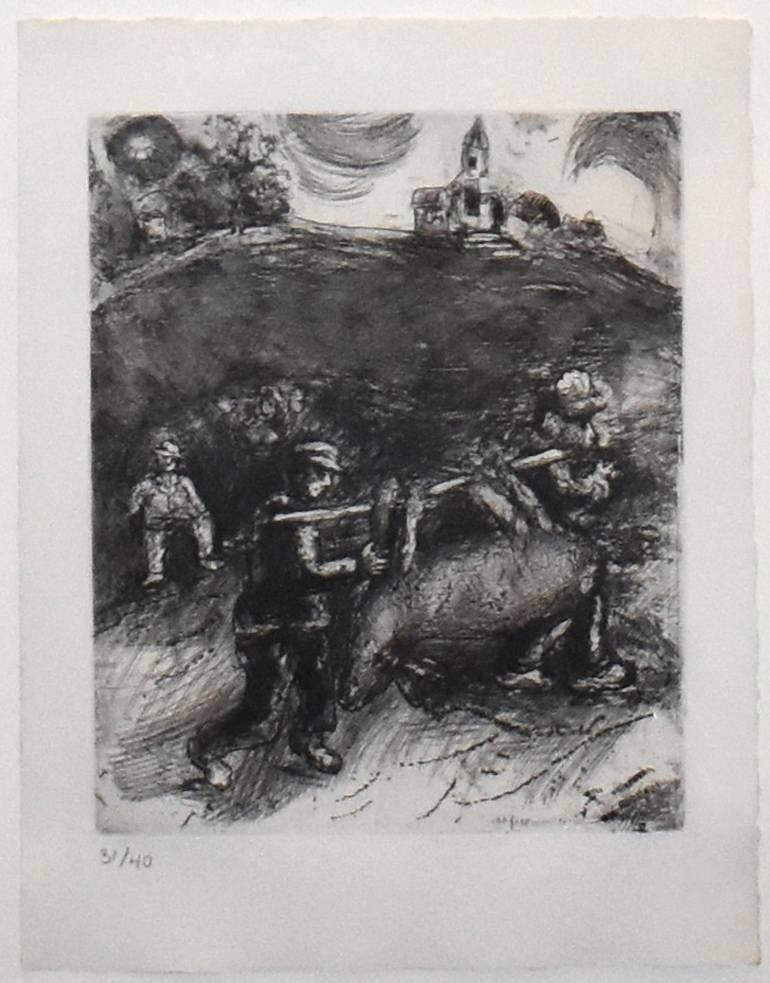 The Miller, His Son, and the Donkey - Gray Figurative Print by Marc Chagall