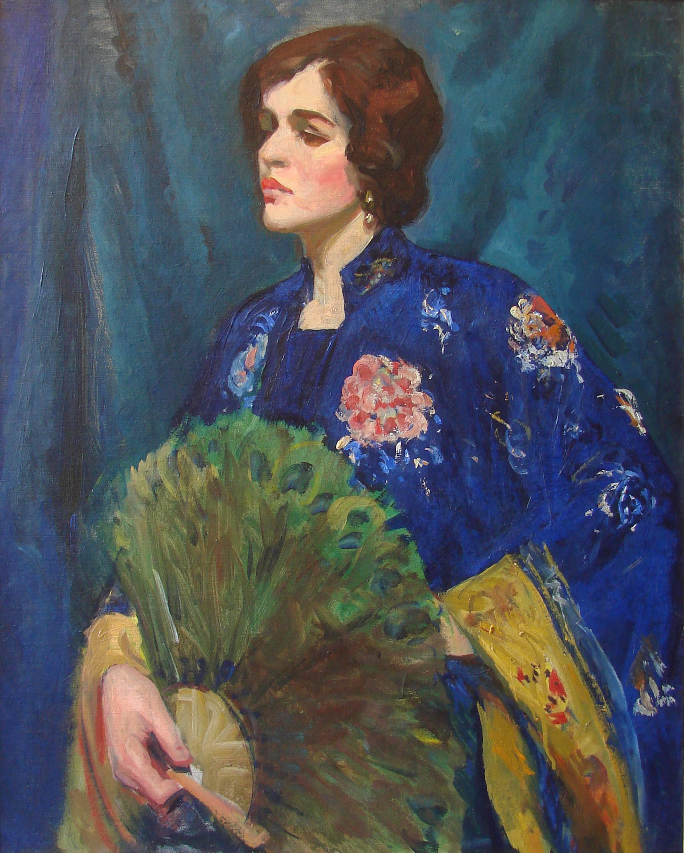 Clarence K. Chatterton Portrait Painting - Woman in Kimono with Fan