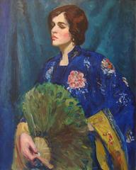 Vintage Woman in Kimono with Fan