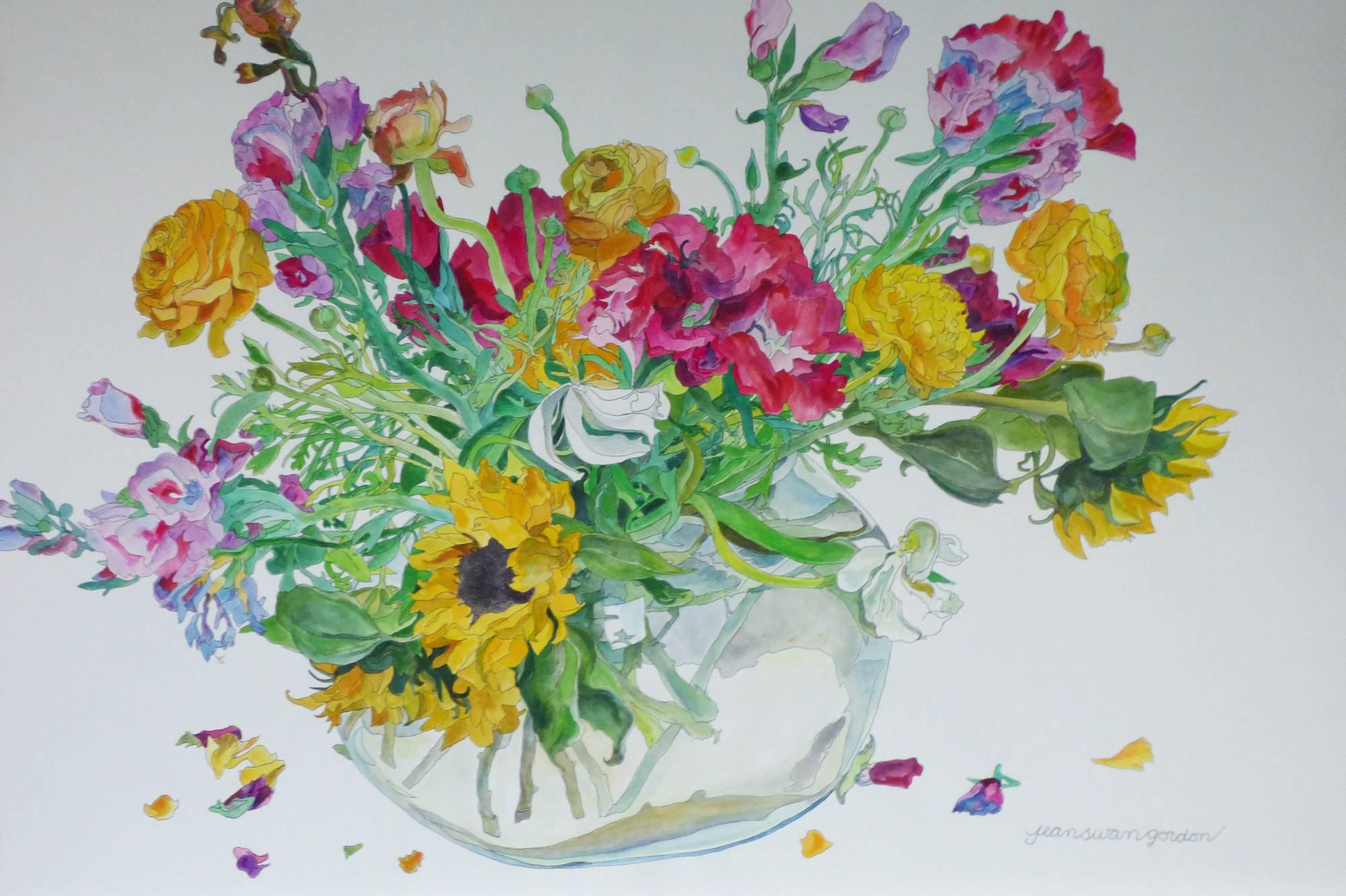 Still-Life Painting Jean Swan Gordon - Godetia, Sunflowers et Ranunculus