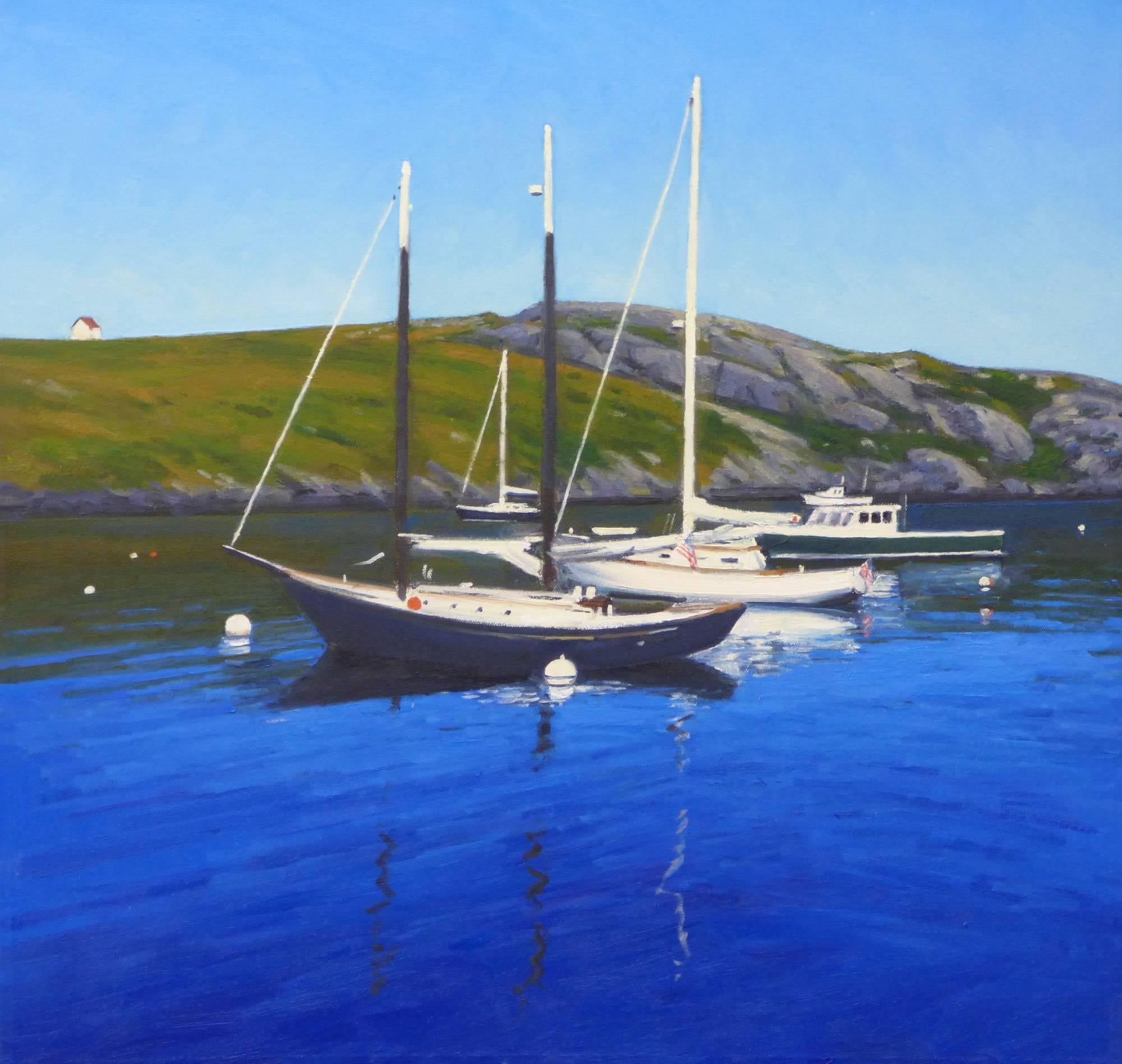 Kevin Beers Landscape Painting - Five Boats Off Monhegan