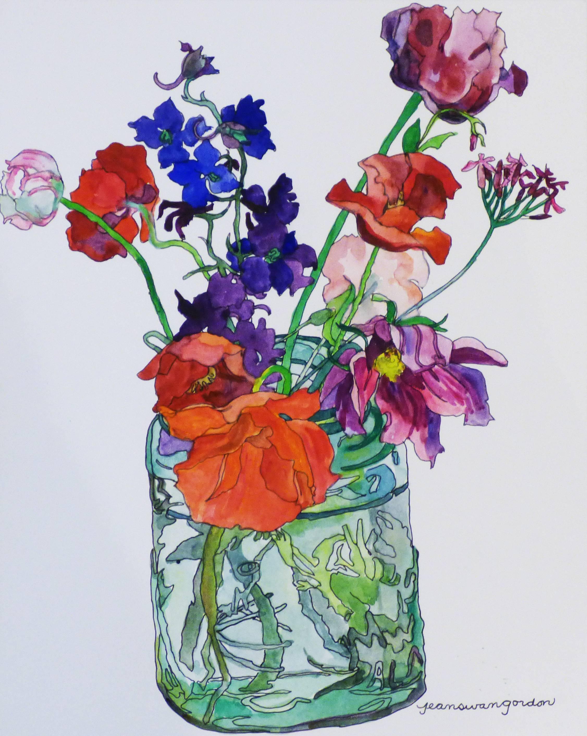 Jean Swan Gordon Still-Life Painting - Poppies, Delphiniums, and Ranunculus