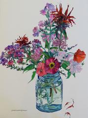 Vintage Bee Balm and Poppies in Glass Jar