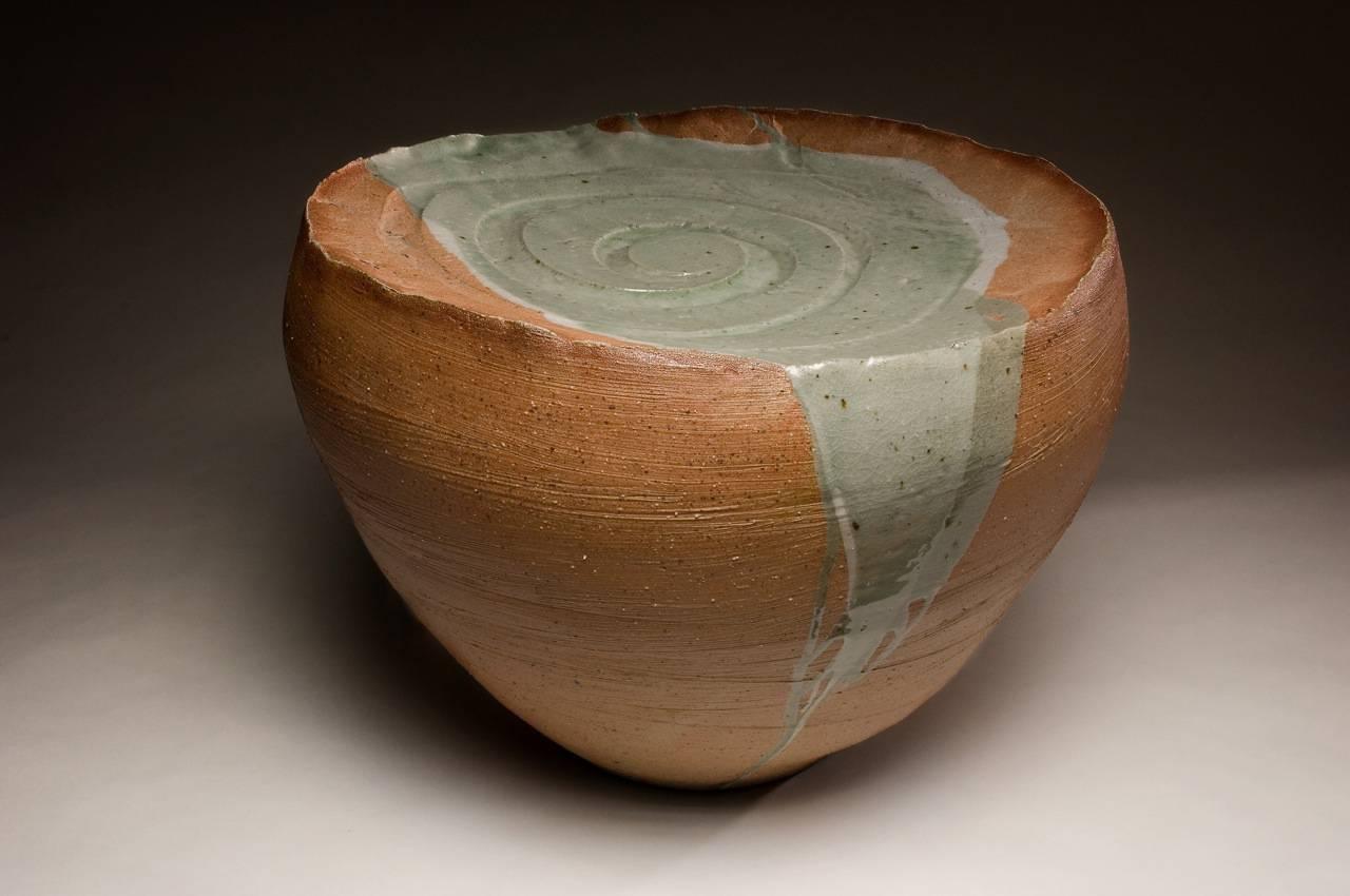 Ann Mallory Abstract Sculpture - "SOFT ECHOES" - wheel-thrown ceramic vessel with ochre color, light green glaze